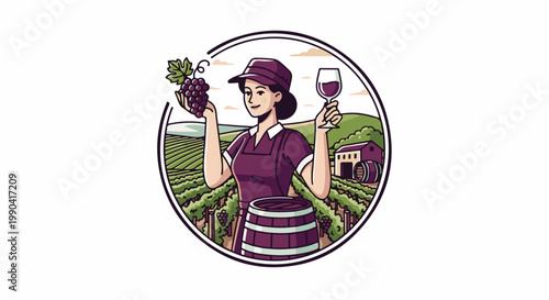 Woman holding grapes and wine in a vineyard with a barrel and barn