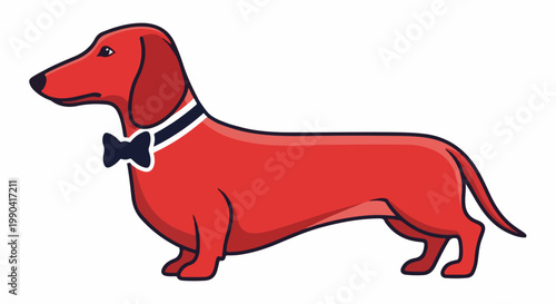 A cartoon wiener dog in red wearing a bow tie