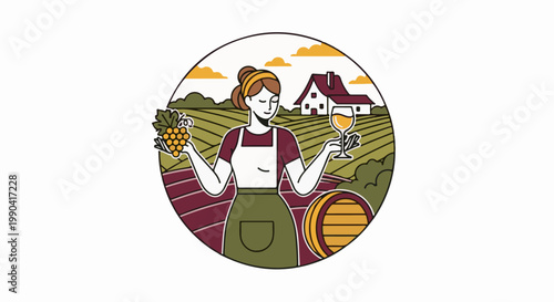 Woman in vineyard holds grapes and wine glass with house and barrel