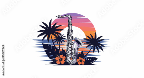 A saxophone stands in front of a tropical sunset over water with palm trees and flowers
