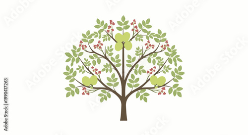 Stylized tree with green leaves, red berries, and light green fruits