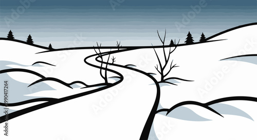 Winding snowy path through barren winter landscape with dark trees