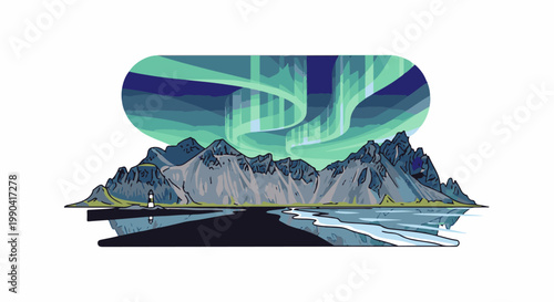 Pixelated aurora dances over icy mountains and a reflective sea with a lighthouse