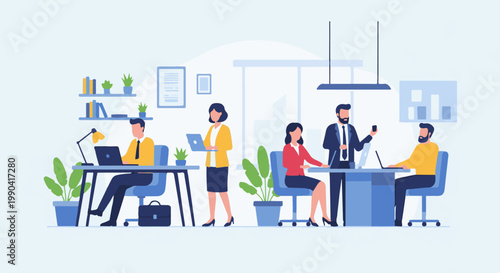 Diverse professionals collaborate and work in a modern, bright office setting with plants