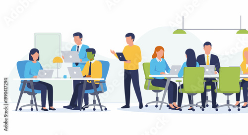 Diverse professionals collaborate around tables with laptops, in a bright, modern workspace