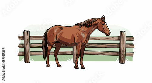 A brown horse stands calmly in front of a rustic wooden fence