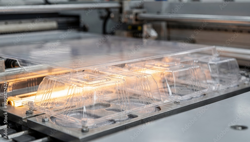 Naklejka premium Closeup medium view of plastic sheets transformed into clamshell packaging through thermoforming highlighting the materials flexibility and machine operation details.