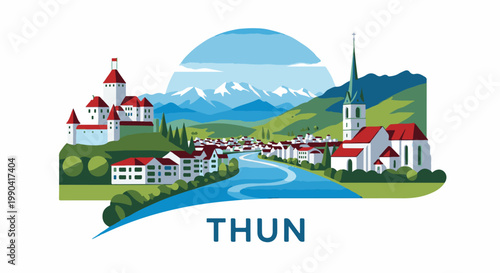 A picturesque European town with a river, castle, church, and mountains under a blue sky