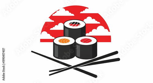 Sushi set with nori rolls in soy-wrapped pieces, served with chopsticks under a red cloud backdrop featuring maki, nigiri, rice with Japanese food