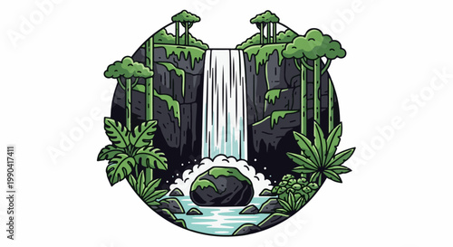 Lush jungle waterfall cascading over dark, mossy rocks into a clear pool surrounded by dense foliage and tall trees