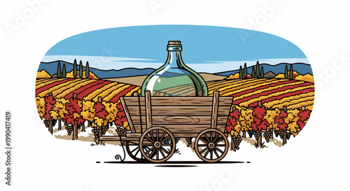A wooden cart holding a large glass jug sits in a vineyard with autumn foliage and rolling hills