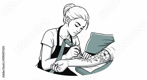 A focused artist applies a floral design to a client's arm with a tattoo machine