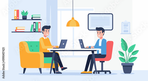 Two men work on laptops at a table in a modern office with bookshelves and plants