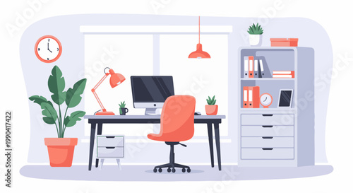 A modern home office setup with a computer, desk, chair, lamp, and storage shelves