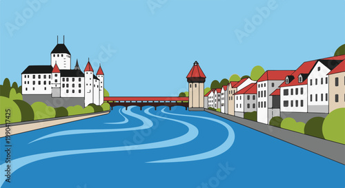 A cartoon-style cityscape featuring a river, a castle, a covered bridge, and a row of charming buildings