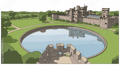 Medieval castle with crenellated walls and towers, reflected in a circular moat
