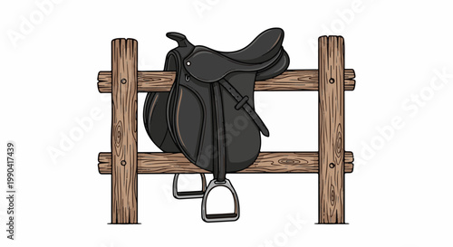 A black saddle with stirrups hangs on a rustic wooden fence