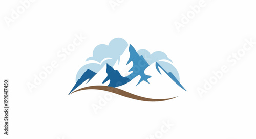 Stylized blue mountain peaks under a cloudy sky, with a brown horizon line