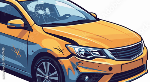 A stylized yellow and blue car shows significant damage, with a cracked windshield and visible scratches