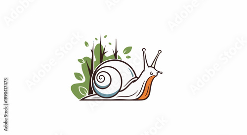 A white snail with an orange underbelly slowly moves past green foliage and thin trees