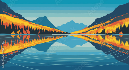 Autumnal mountains reflect in a tranquil lake with rippling water