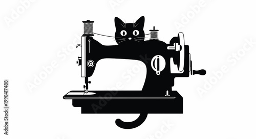 Sewing machine icon with black cat head, vintage industrial design, and minimal linework for sewing craft concepts
