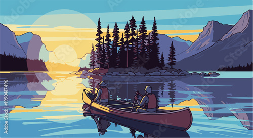 Two people canoe on a still lake during sunset, with mountains and trees reflecting