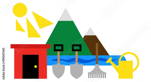 Garden landscape illustration with tools and mountains under the sun