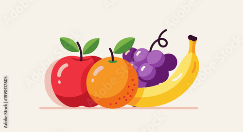 A vibrant, flat-design arrangement of assorted fresh fruits