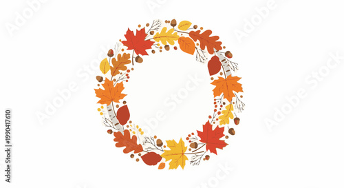 Autumn wreath with colorful leaves, acorns, and berries on a white background