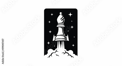 Chess rook rocket launching from clouds in space with stars and sparkles, minimal vector icon for fantasy gameplay