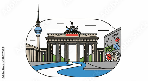 Stylized illustration of Berlin landmarks Brandenburg Gate, TV Tower, and graffiti wall
