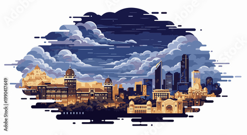 Pixel art cityscape with diverse architectural styles under a dramatic, cloudy night sky