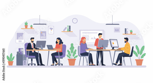 Diverse team members work diligently in a modern, well-lit office space