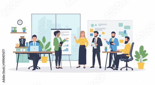 Diverse professionals collaborate in modern office meeting, presenting data on boards