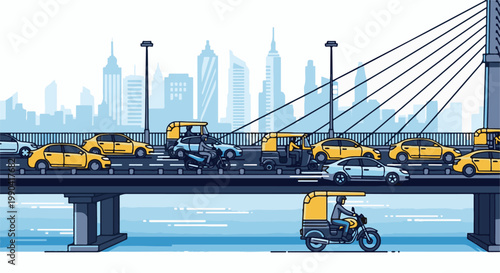 Pixel art scene of a busy city bridge with traffic, including cars and auto rickshaws