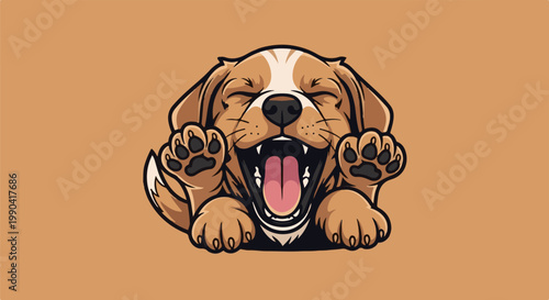 Joyful puppy with eyes closed, mouth wide open, and paws up on a tan background