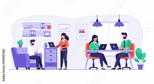 Employees working on laptops in a modern, flat-style office with plants and bookshelves
