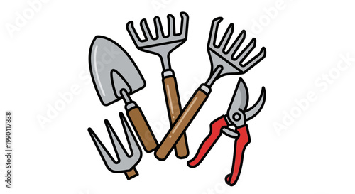 Garden tools illustration shovel rakes and pruning shears on white