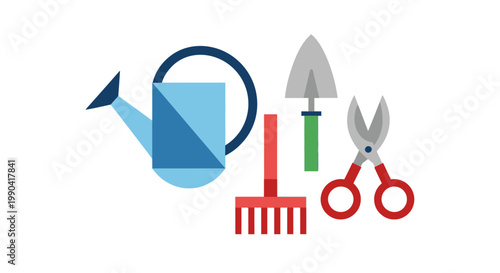 Garden tools illustration watering can rake trowel and pruning shears