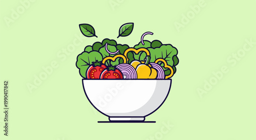 A white bowl brimming with a vibrant salad of fresh greens, tomatoes, onions, and bell peppers