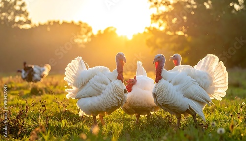 White Turkeys In A Backlit Photograph With Fanned Tails Standing In A Grassy Field At Golden Sunset