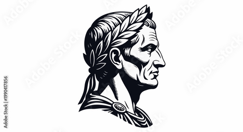 Stylized profile of a man wearing a laurel wreath, depicted in black and white