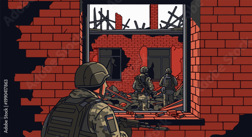 Soldiers in tactical gear survey a war-torn brick building with debris and broken windows