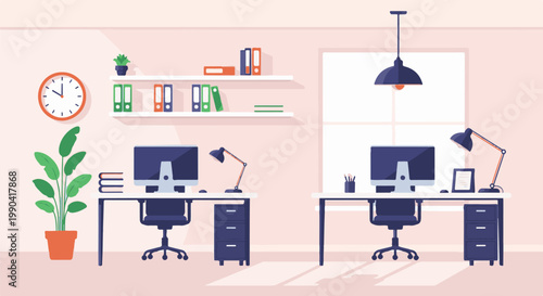 Minimalist office scene with two workstations, a plant, and shelves against a soft pink wall