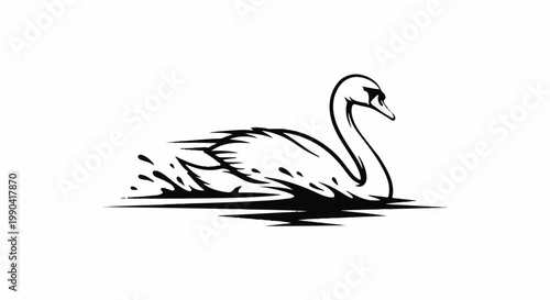 Stylized black and white illustration of a swan gliding on water, depicted with bold lines and energetic splashes