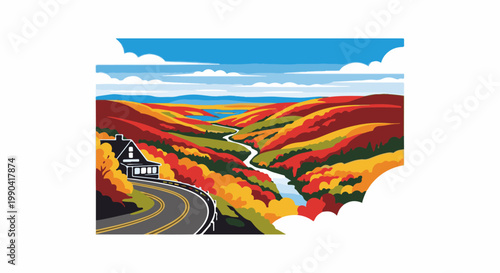 A winding road leads to a cozy house nestled among vibrant autumn hills under a bright sky
