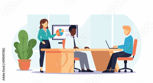 Diverse professionals collaborate in a modern office setting, presenting data