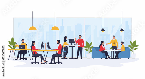 Diverse colleagues collaborate in modern, sunlit office with city view, working on computers and discussing projects