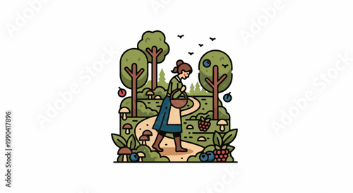 A person walks along a forest path gathering berries and mushrooms
